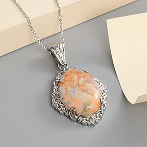 Crazy Lace Agate 38.30 ctw Solitaire Pendant Necklace 20 Inches in Stainless Steel, Tarnish-Free, Waterproof, Sweat Proof Jewelry