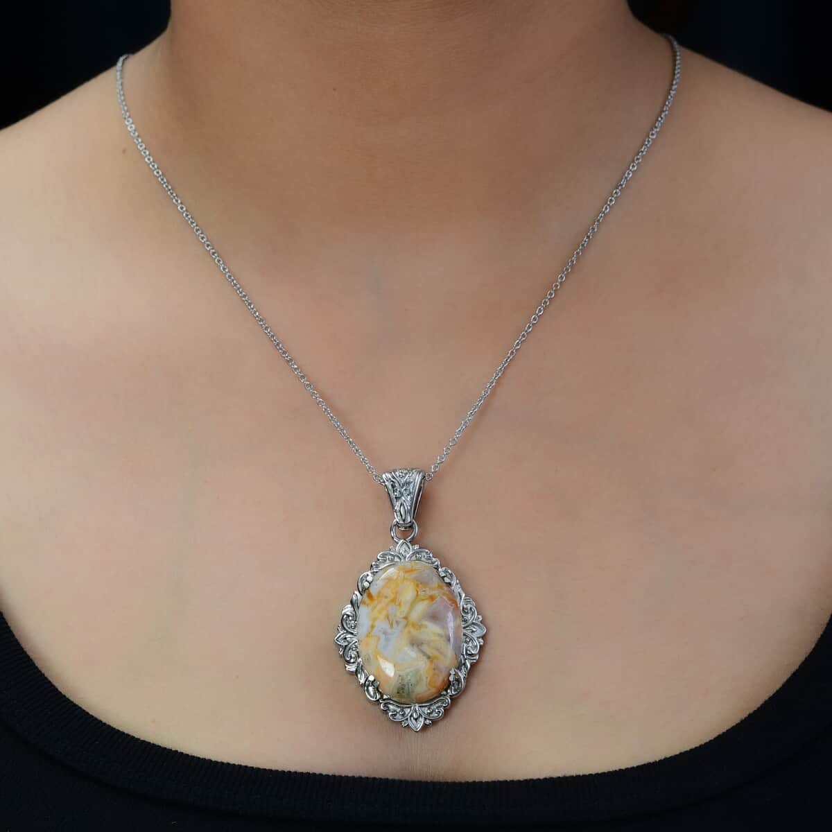 Crazy Lace Agate Solitaire Pendant Necklace (20 Inches) in Stainless Steel 38.30 ctw , Tarnish-Free, Waterproof, Sweat Proof Jewelry image number 2