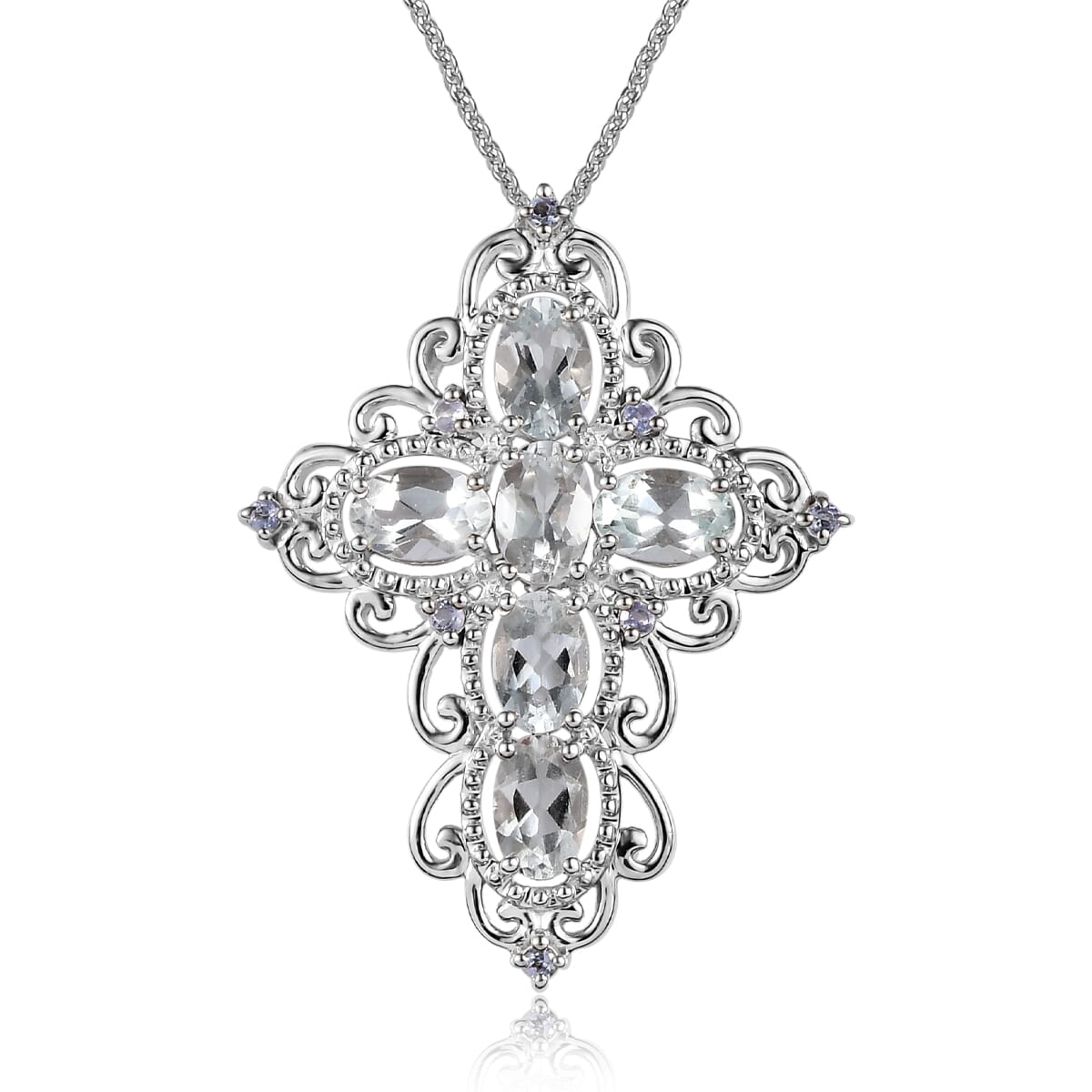 Premium Brazilian Goshenite and Tanzanite Cross Pendant Necklace 20 Inches in Platinum Over Sterling Silver 2.50 ctw image number 0