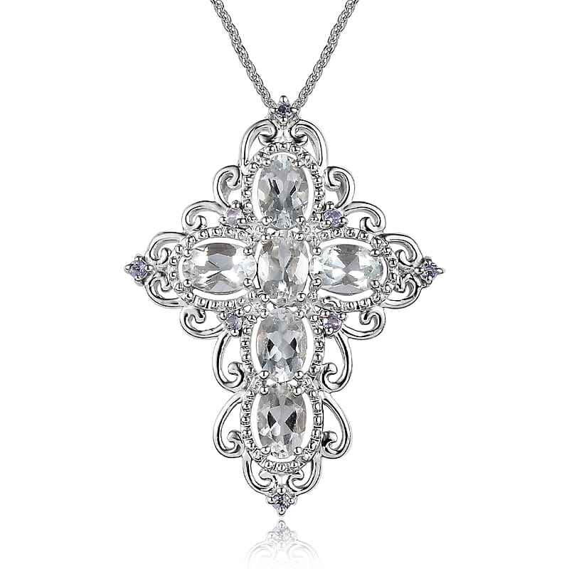 Premium Brazilian Goshenite and Tanzanite Cross Pendant Necklace 20 Inches in Platinum Over Sterling Silver 2.50 ctw
