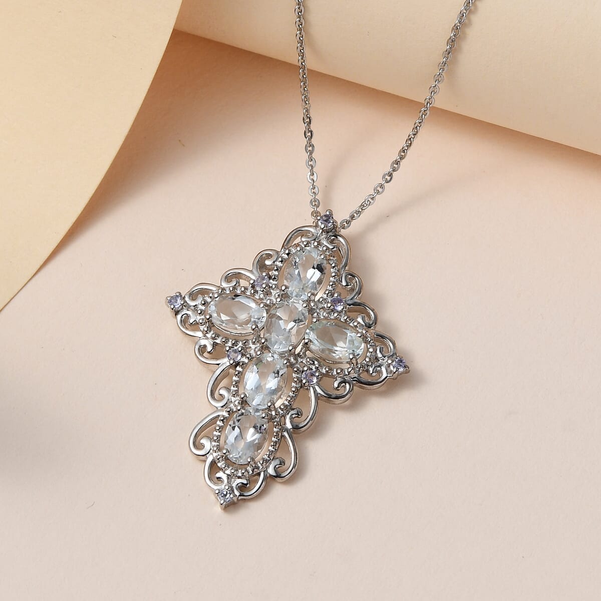 Premium Brazilian Goshenite and Tanzanite Cross Pendant Necklace 20 Inches in Platinum Over Sterling Silver 2.50 ctw image number 1