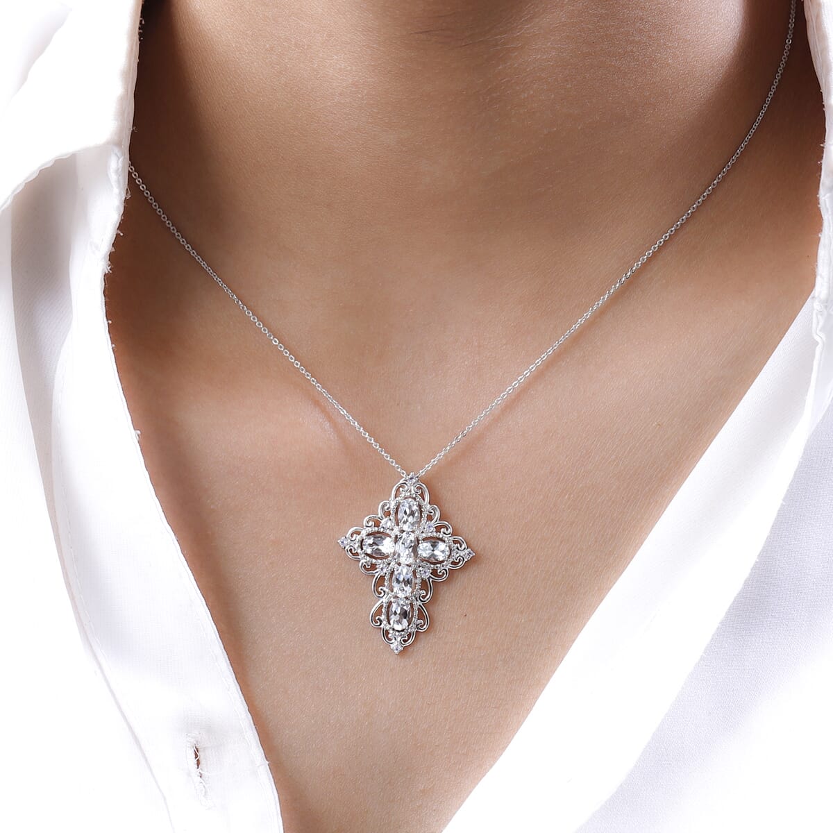 Premium Brazilian Goshenite and Tanzanite Cross Pendant Necklace 20 Inches in Platinum Over Sterling Silver 2.50 ctw image number 2
