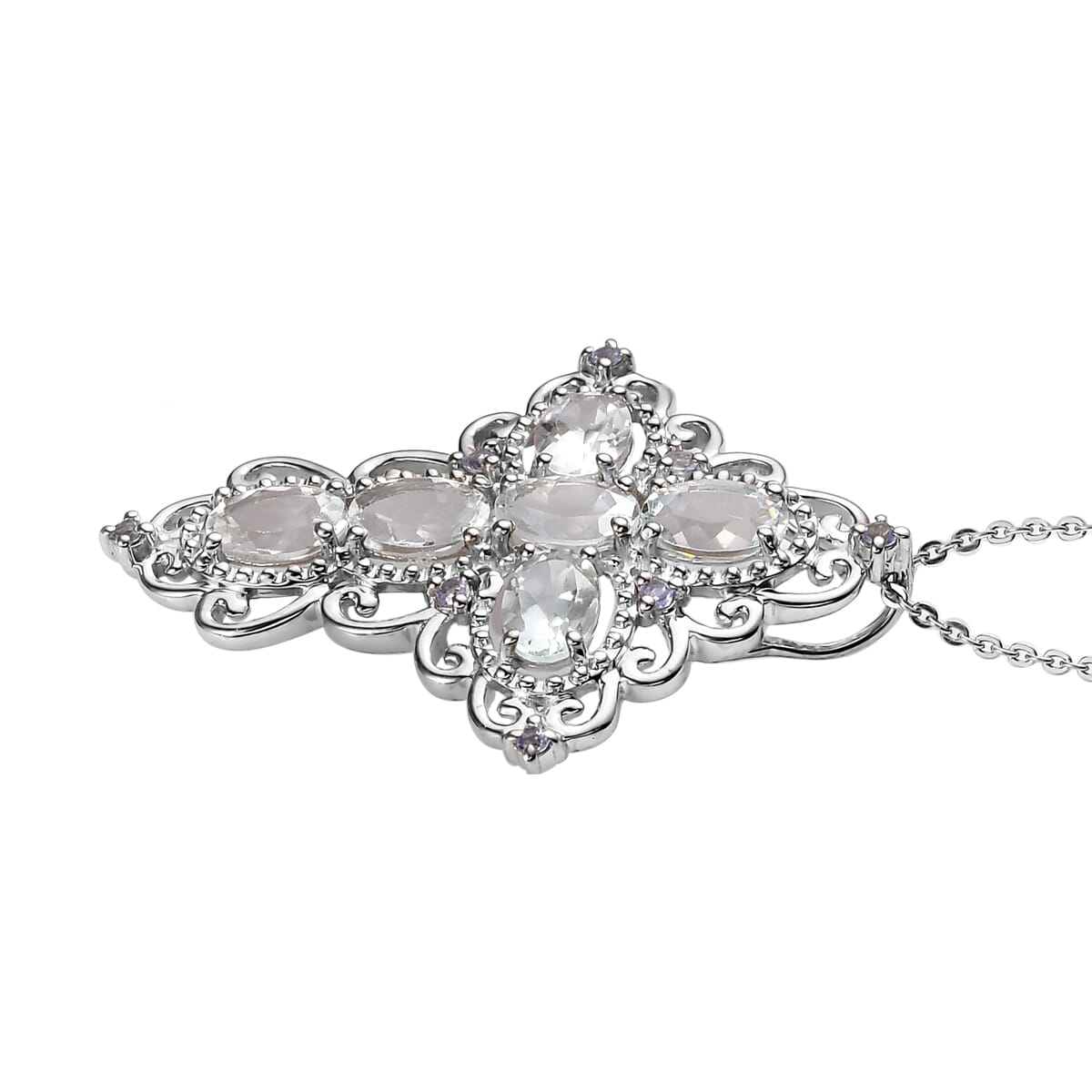 Premium Brazilian Goshenite and Tanzanite Cross Pendant Necklace 20 Inches in Platinum Over Sterling Silver 2.50 ctw image number 3