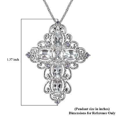 Premium Brazilian Goshenite and Tanzanite Cross Pendant Necklace 20 Inches in Platinum Over Sterling Silver 2.50 ctw