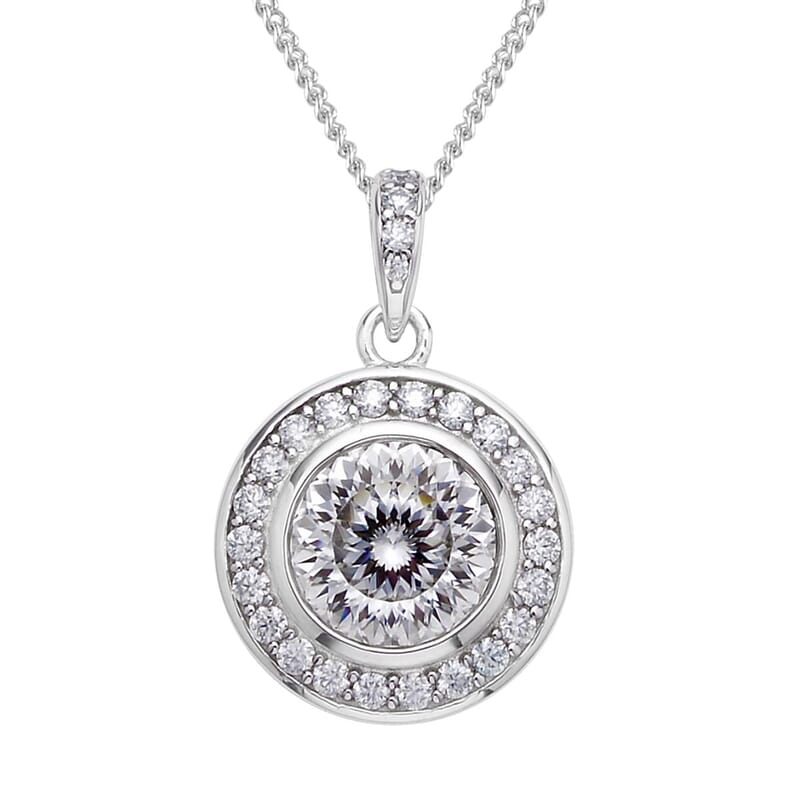 129 Facet Moissanite Halo Pendant Necklace 18 Inches in Rhodium Over Sterling Silver 2.20 ctw