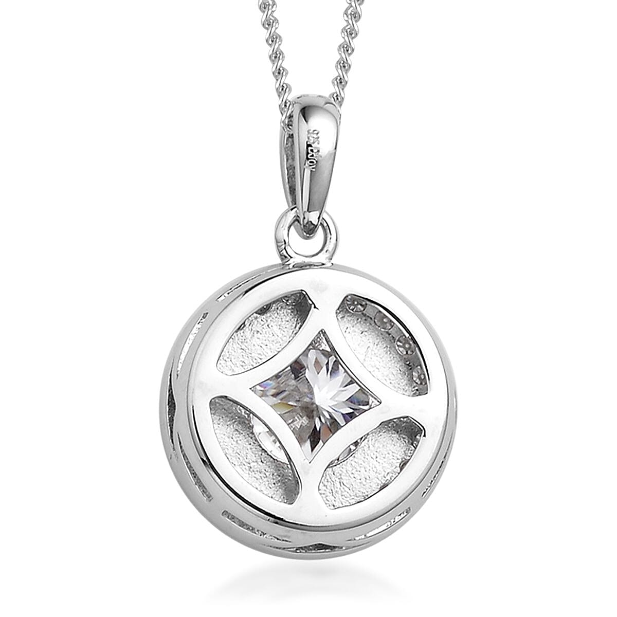 129 Facet Moissanite Halo Pendant Necklace 18 Inches in Rhodium Over Sterling Silver 2.20 ctw