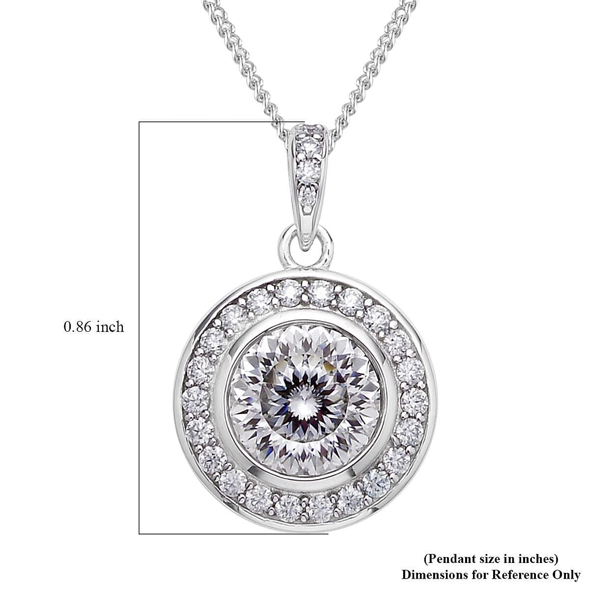 129 Facet Moissanite Halo Pendant Necklace 18 Inches in Rhodium Over Sterling Silver 2.20 ctw
