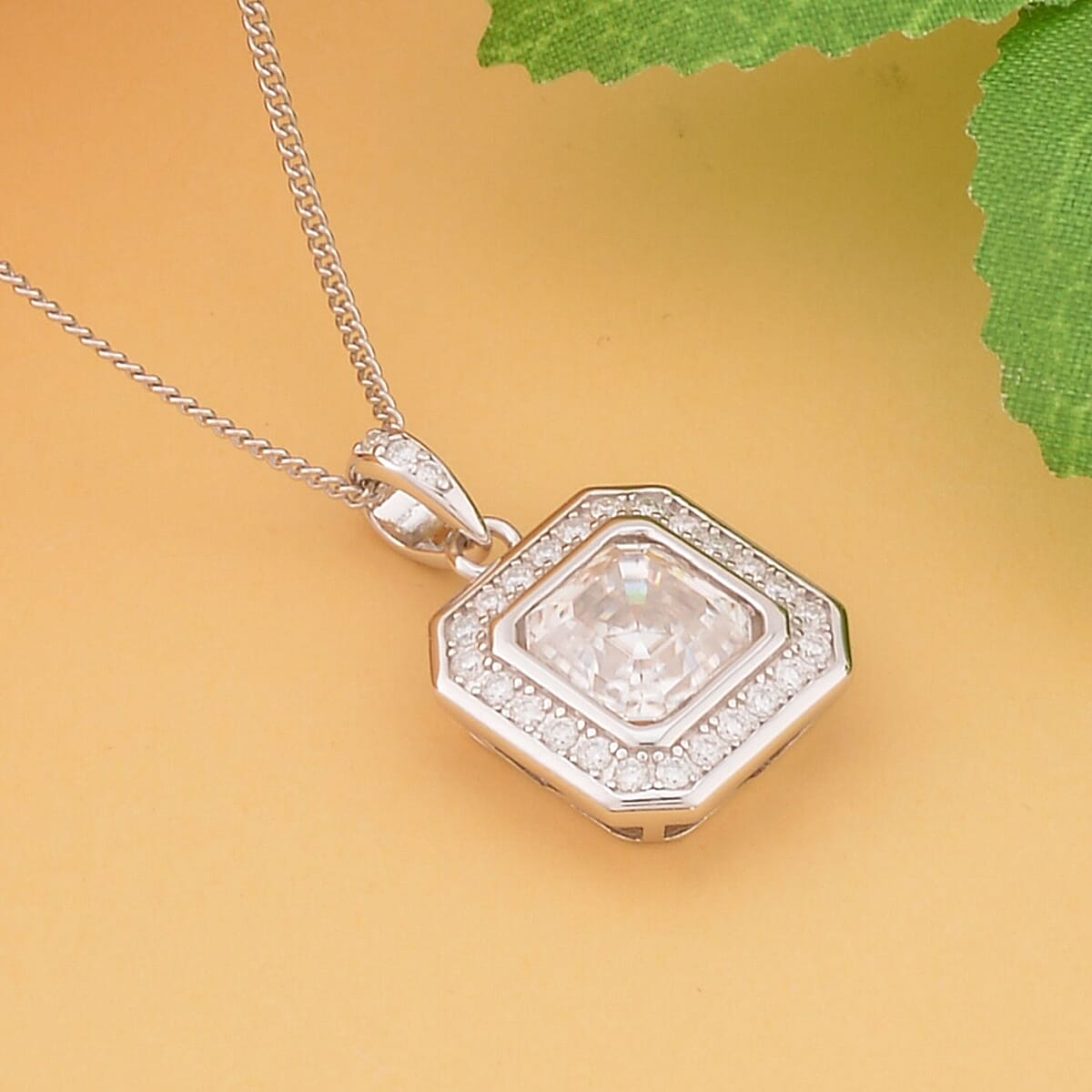 Asscher Cut Moissanite Halo Pendant Necklace 18 Inches in Rhodium Over Sterling Silver 2.15 ctw image number 1