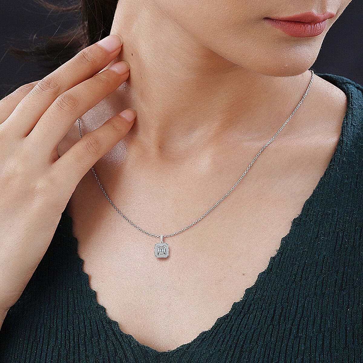 Asscher Cut Moissanite Halo Pendant Necklace 18 Inches in Rhodium Over Sterling Silver 2.15 ctw image number 2