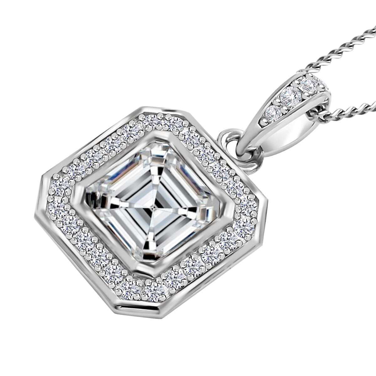 Asscher Cut Moissanite Halo Pendant Necklace 18 Inches in Rhodium Over Sterling Silver 2.15 ctw image number 3