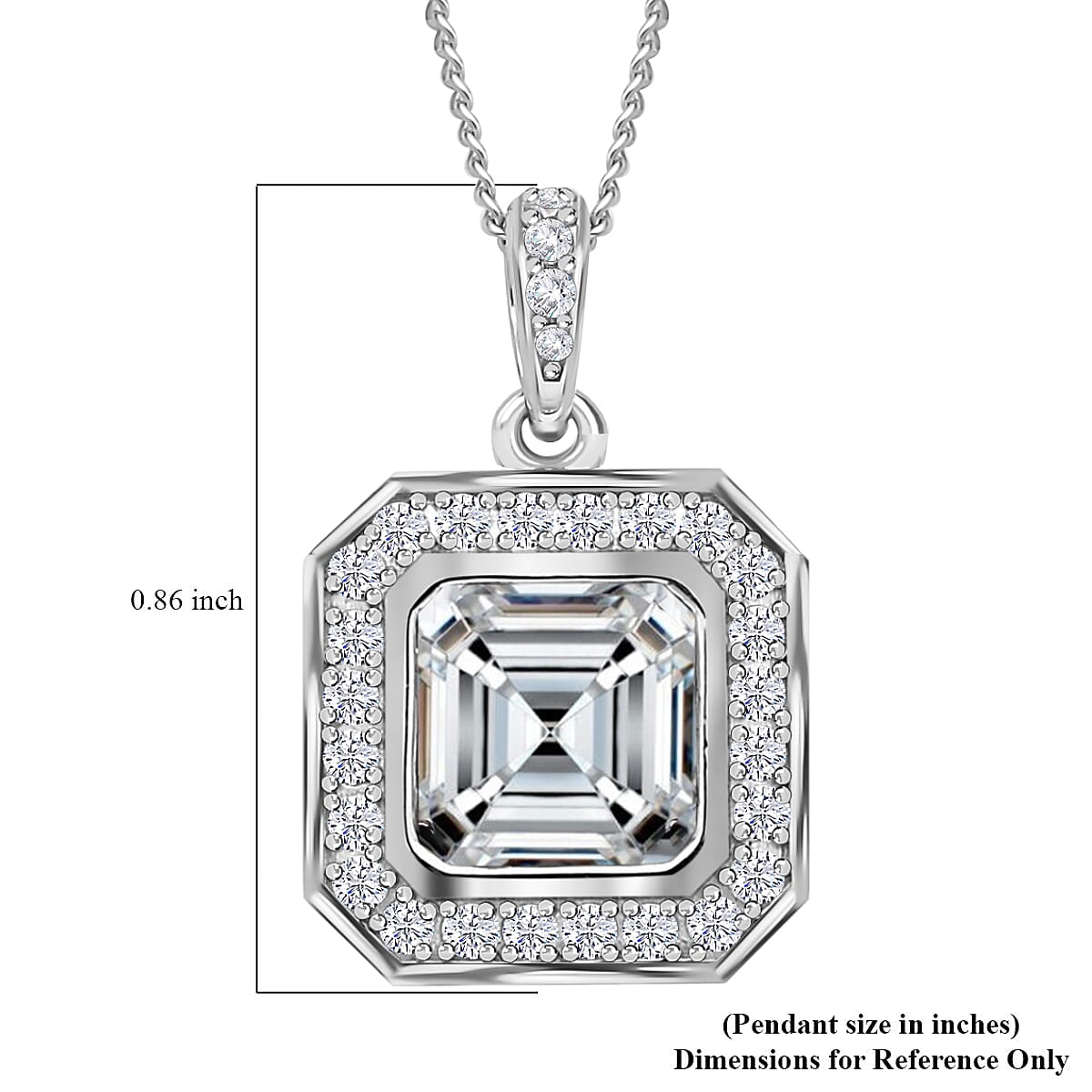 Asscher Cut Moissanite Halo Pendant Necklace 18 Inches in Rhodium Over Sterling Silver 2.15 ctw image number 5