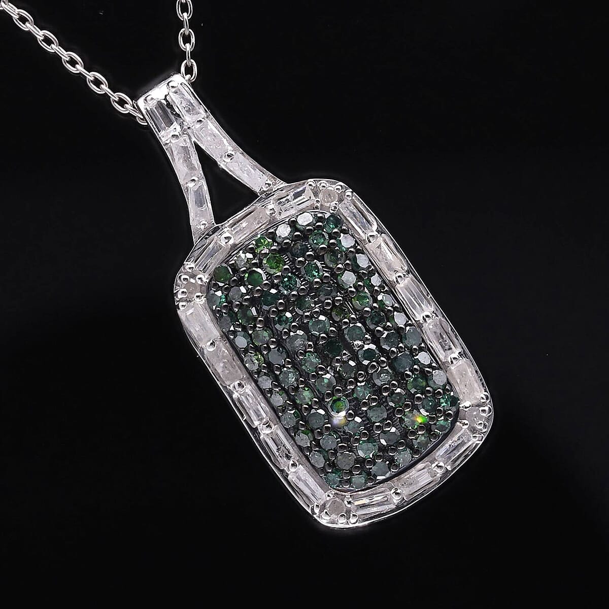 Green and White Diamond Pendant Necklace 18 Inches in Platinum Over Sterling Silver 1.00 ctw image number 1