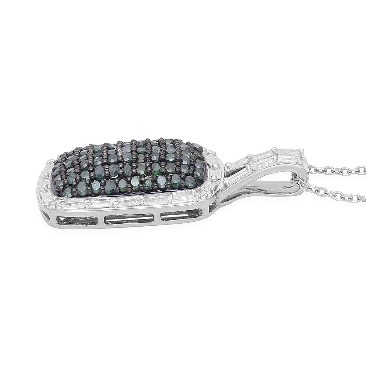Green and White Diamond Pendant Necklace 18 Inches in Platinum Over Sterling Silver 1.00 ctw image number 3
