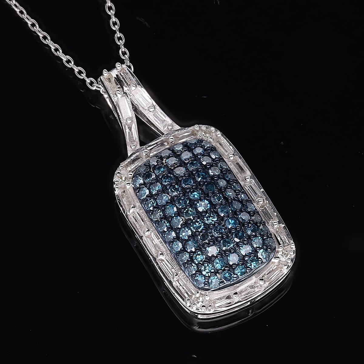 Blue Diamond and Diamond Pendant Necklace 18 Inches in Platinum Over Sterling Silver 1.00 ctw image number 1