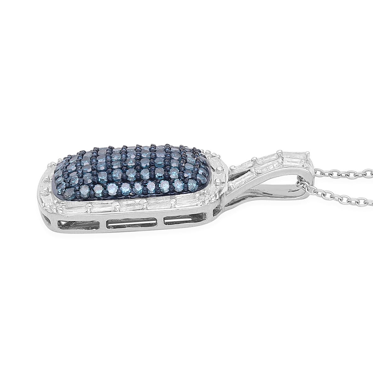Blue Diamond and Diamond Pendant Necklace 18 Inches in Platinum Over Sterling Silver 1.00 ctw image number 3
