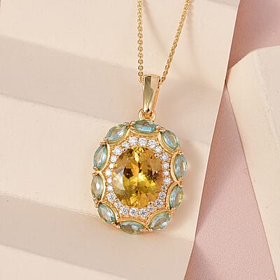 Premium Brazilian Golden Apatite and Multi Gemstone Pendant Necklace 20 Inches in Vermeil Yellow Gold Over Sterling Silver 7.15 ctw