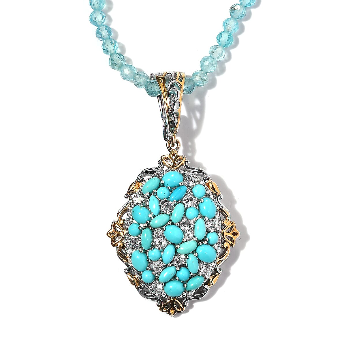Sleeping Beauty Turquoise and Multi Gemstone Beaded Pendant Necklace 20 Inches in Vermeil YG and Platinum Over Sterling Silver 73.35 ctw