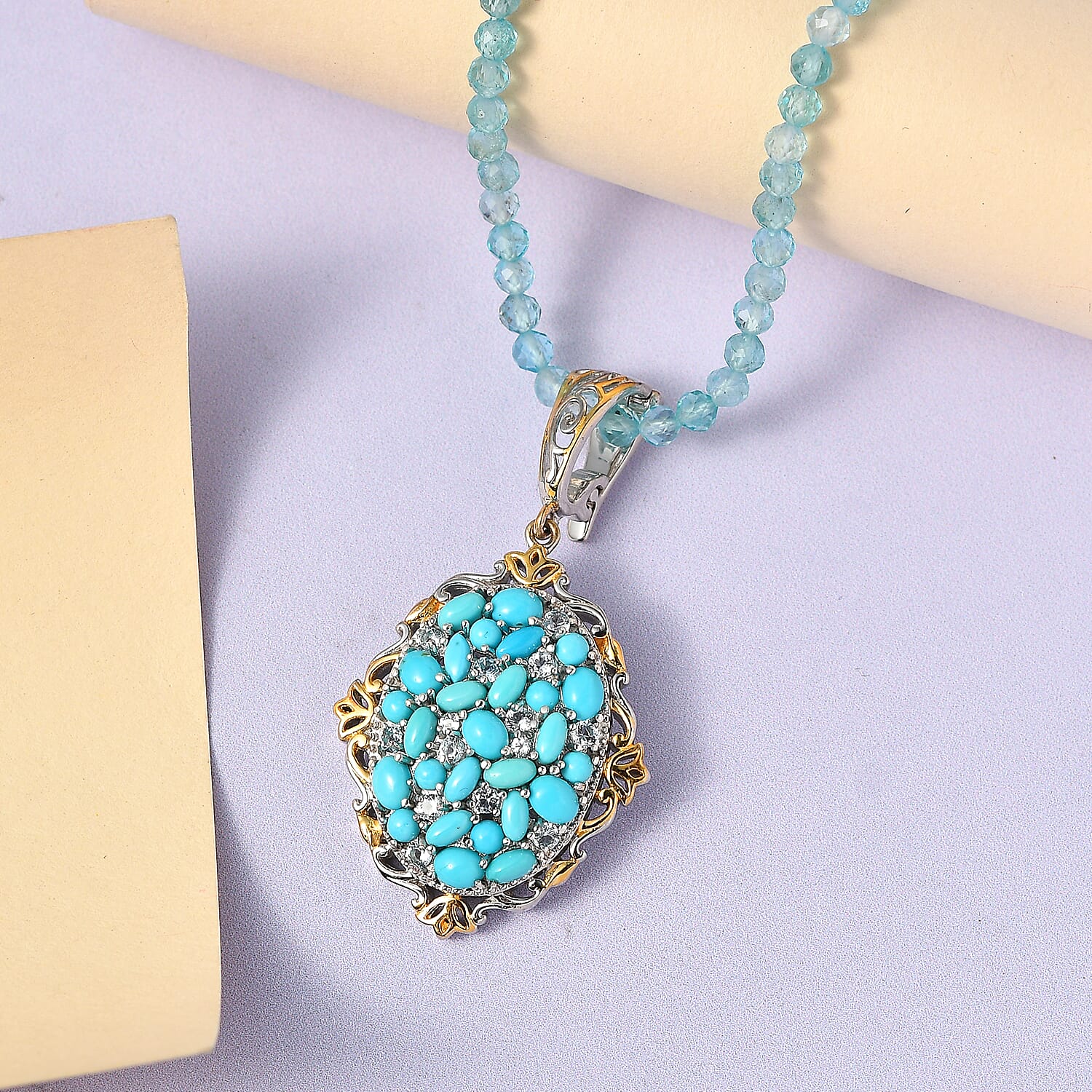 Sleeping Beauty Turquoise and Multi Gemstone Beaded Pendant Necklace 20 Inches in Vermeil YG and Platinum Over Sterling Silver 73.35 ctw