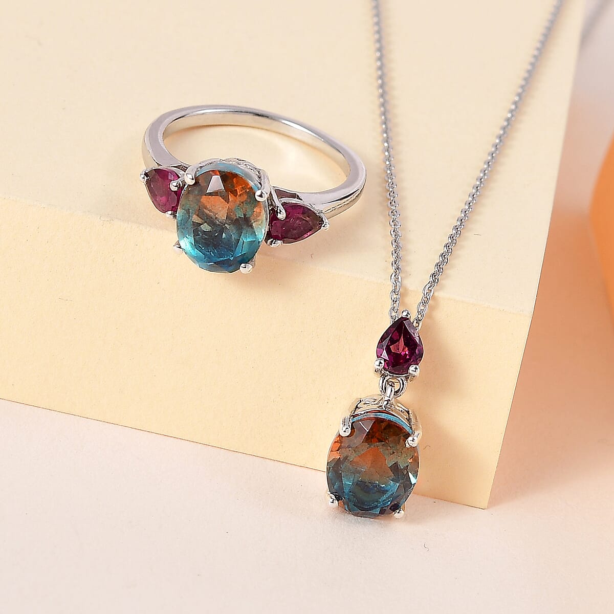 Aqua Terra Costa Quartz (Triplet) and Orissa Rhodolite Garnet Ring (Size 10.0) and Pendant Necklace 20 Inches in Platinum Over Sterling Silver 5.65 ctw image number 1