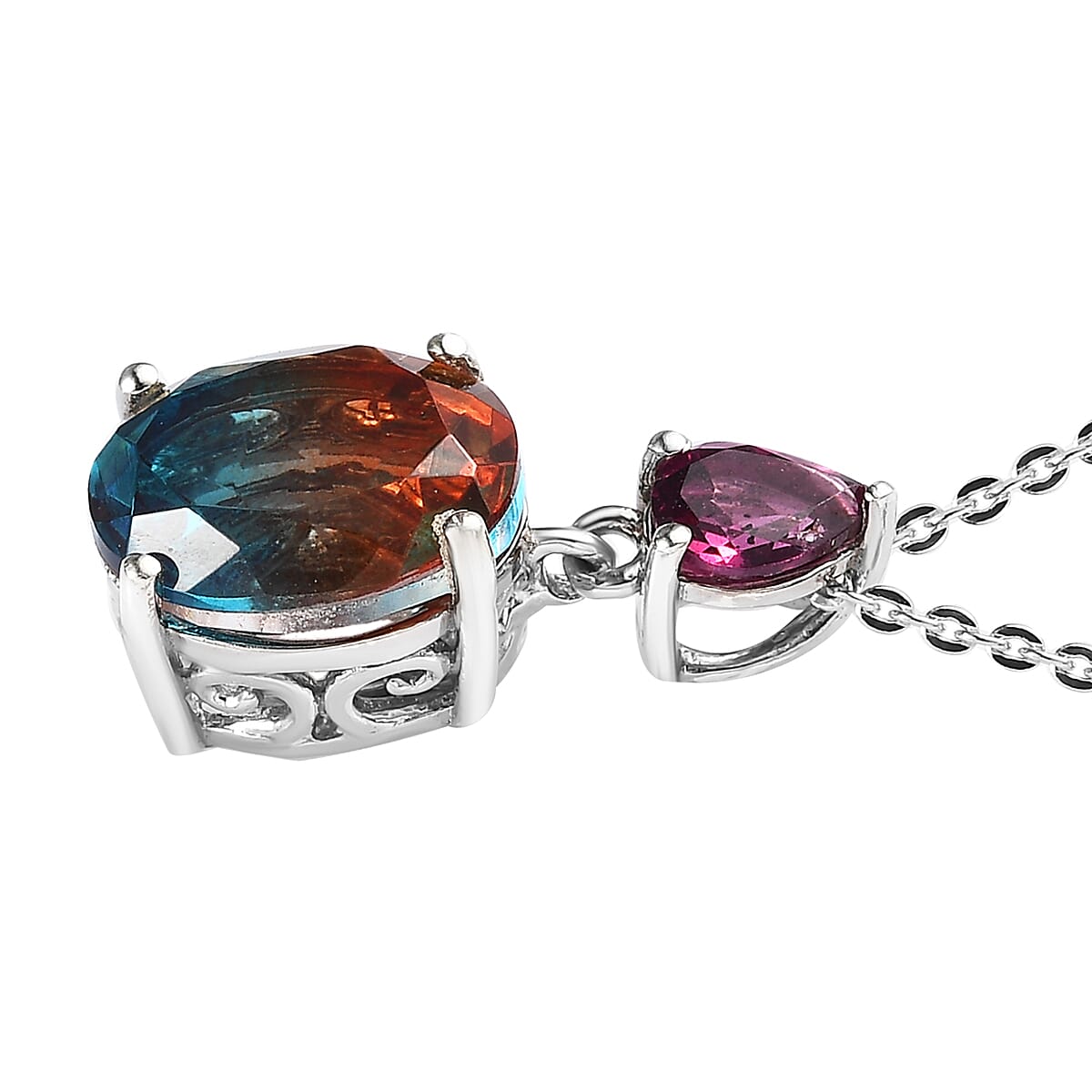 Aqua Terra Costa Quartz (Triplet) and Orissa Rhodolite Garnet Ring (Size 10.0) and Pendant Necklace 20 Inches in Platinum Over Sterling Silver 5.65 ctw image number 5