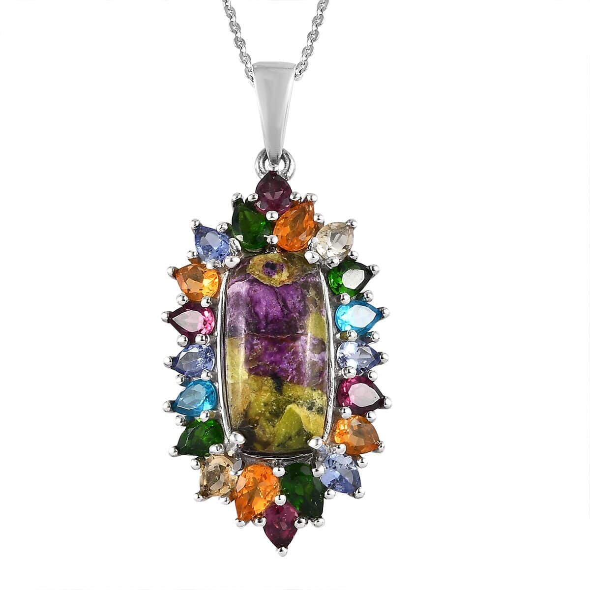 Tasmanian Stichtite and Multi Gemstone Elongated Pendant Necklace 20 Inches in Platinum Over Sterling Silver 8.75 ctw image number 0