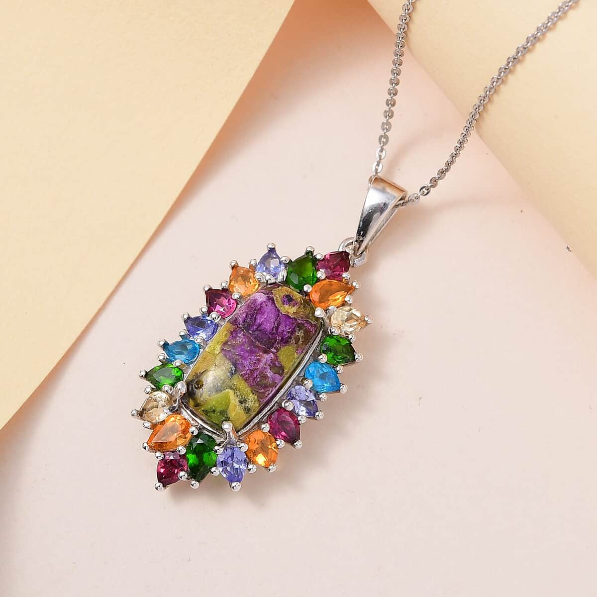 Tasmanian Stichtite and Multi Gemstone Elongated Pendant Necklace 20 Inches in Platinum Over Sterling Silver 8.75 ctw image number 1