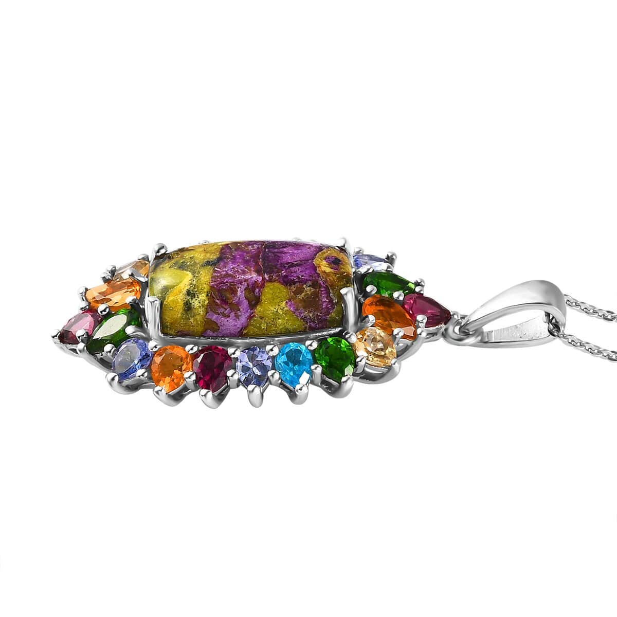 Tasmanian Stichtite and Multi Gemstone Elongated Pendant Necklace 20 Inches in Platinum Over Sterling Silver 8.75 ctw image number 3