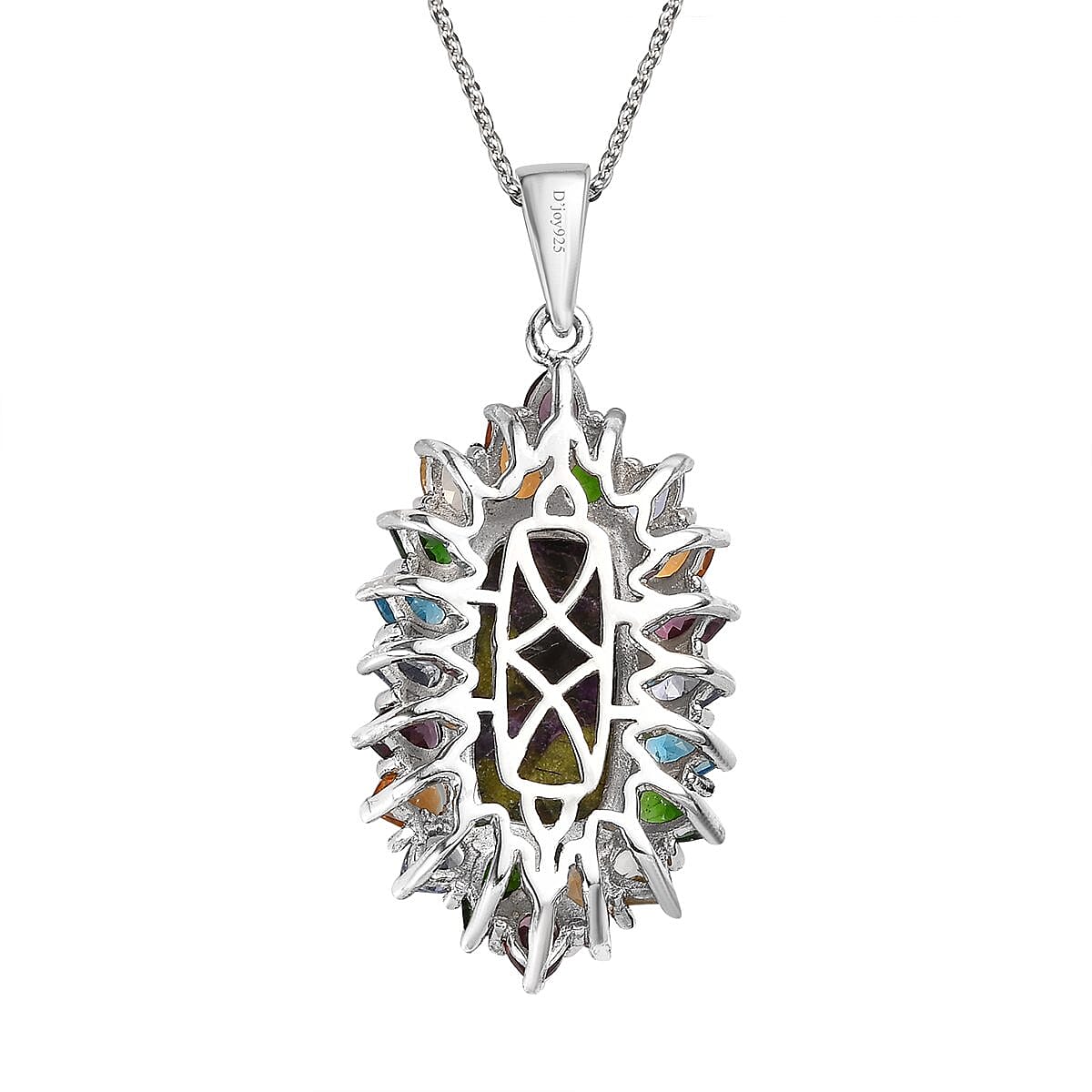 Tasmanian Stichtite and Multi Gemstone Elongated Pendant Necklace 20 Inches in Platinum Over Sterling Silver 8.75 ctw