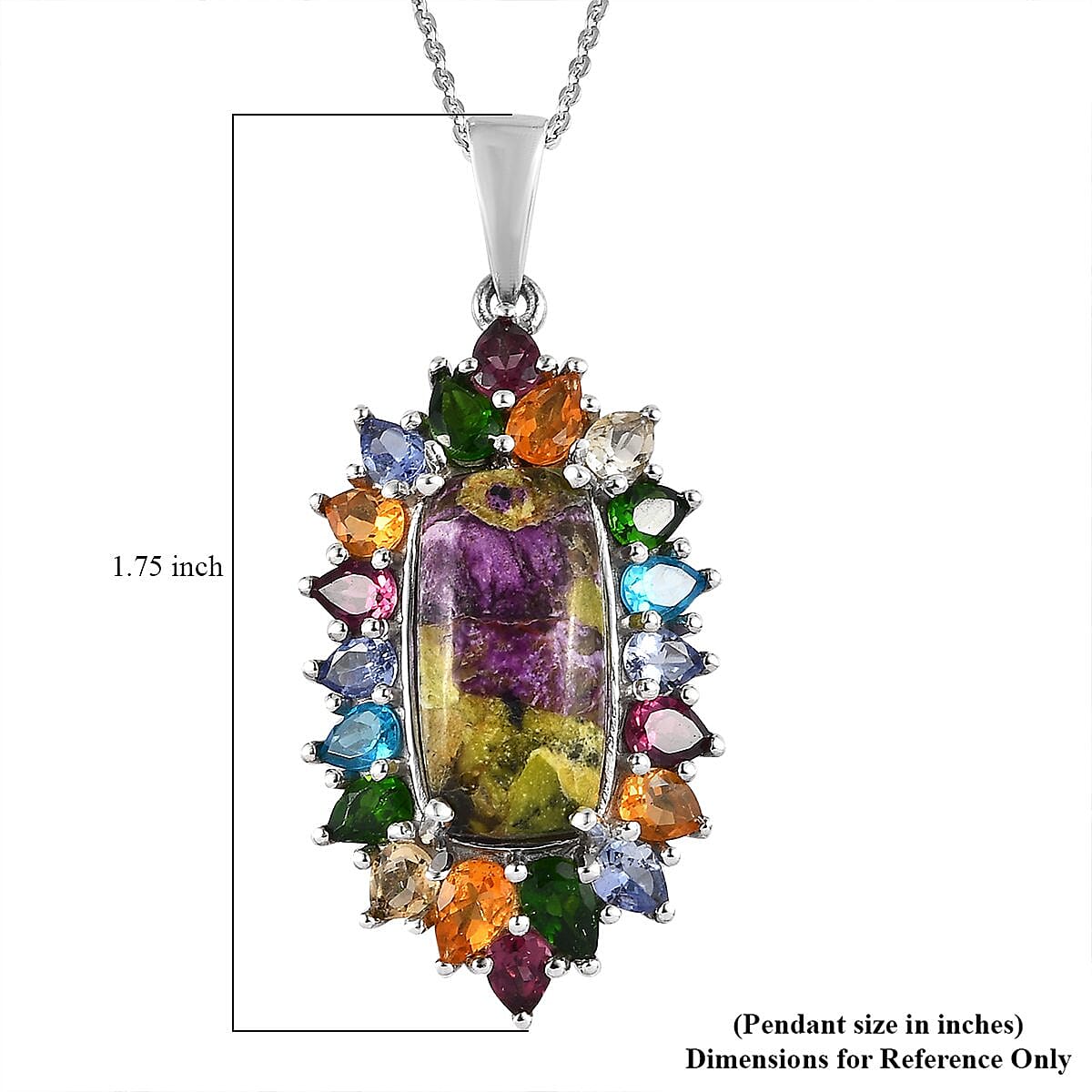 Tasmanian Stichtite and Multi Gemstone Elongated Pendant Necklace 20 Inches in Platinum Over Sterling Silver 8.75 ctw