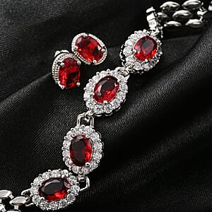 Ankur Treasure Chest Simulated Red and White Diamond Bracelet (7.50In) and Earrings in Silvertone 4.15 ctw