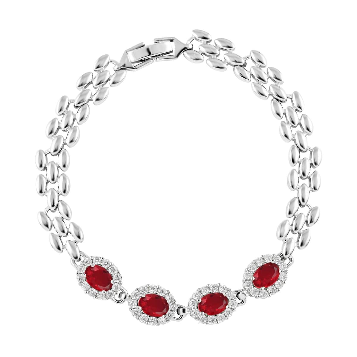 Ankur Treasure Chest Simulated Red and White Diamond Bracelet (7.50In) and Earrings in Silvertone 4.15 ctw image number 2