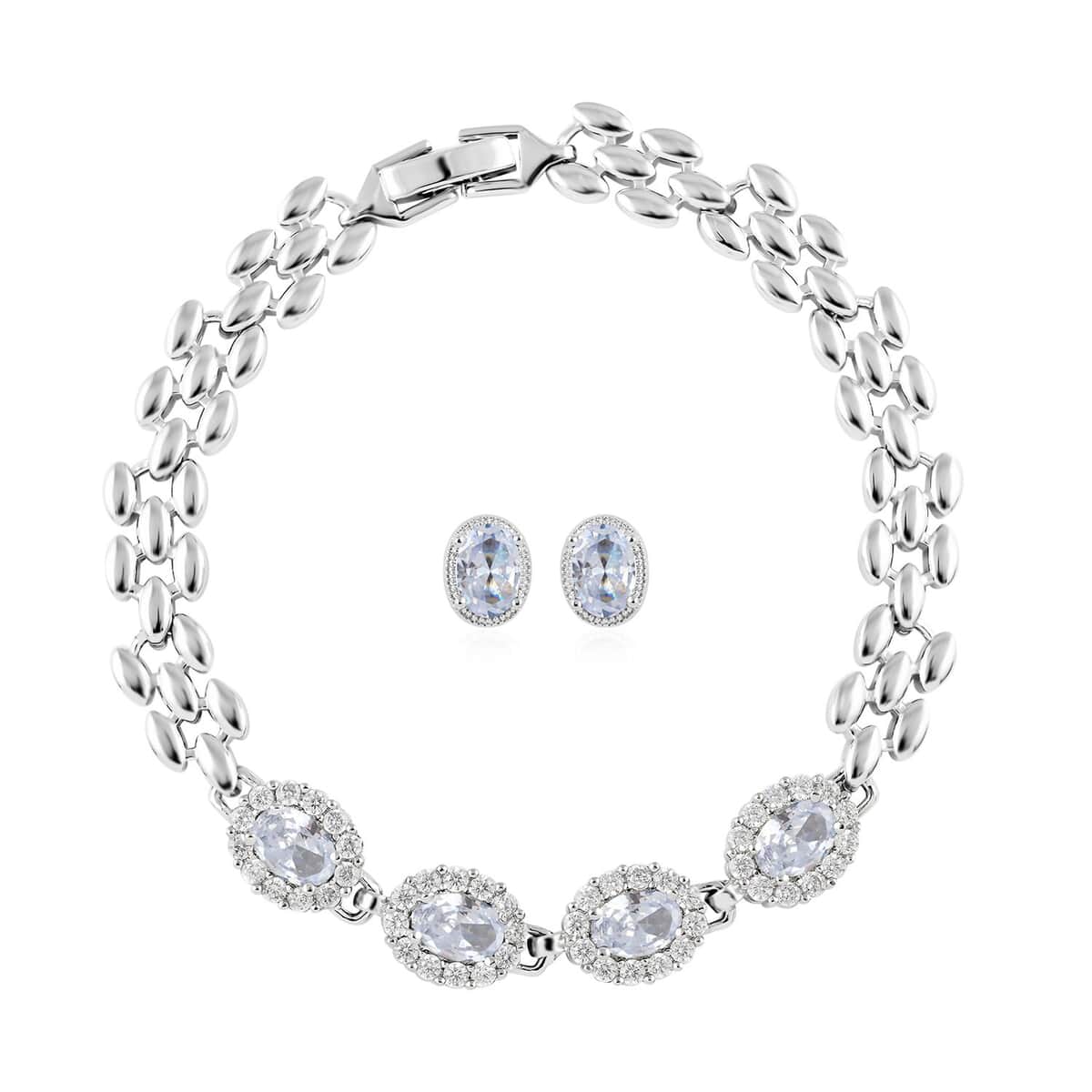 Ankur Treasure Chest Simulated Light Blue and White Diamond Bracelet (7.50In) and Earrings in Silvertone 4.15 ctw image number 0