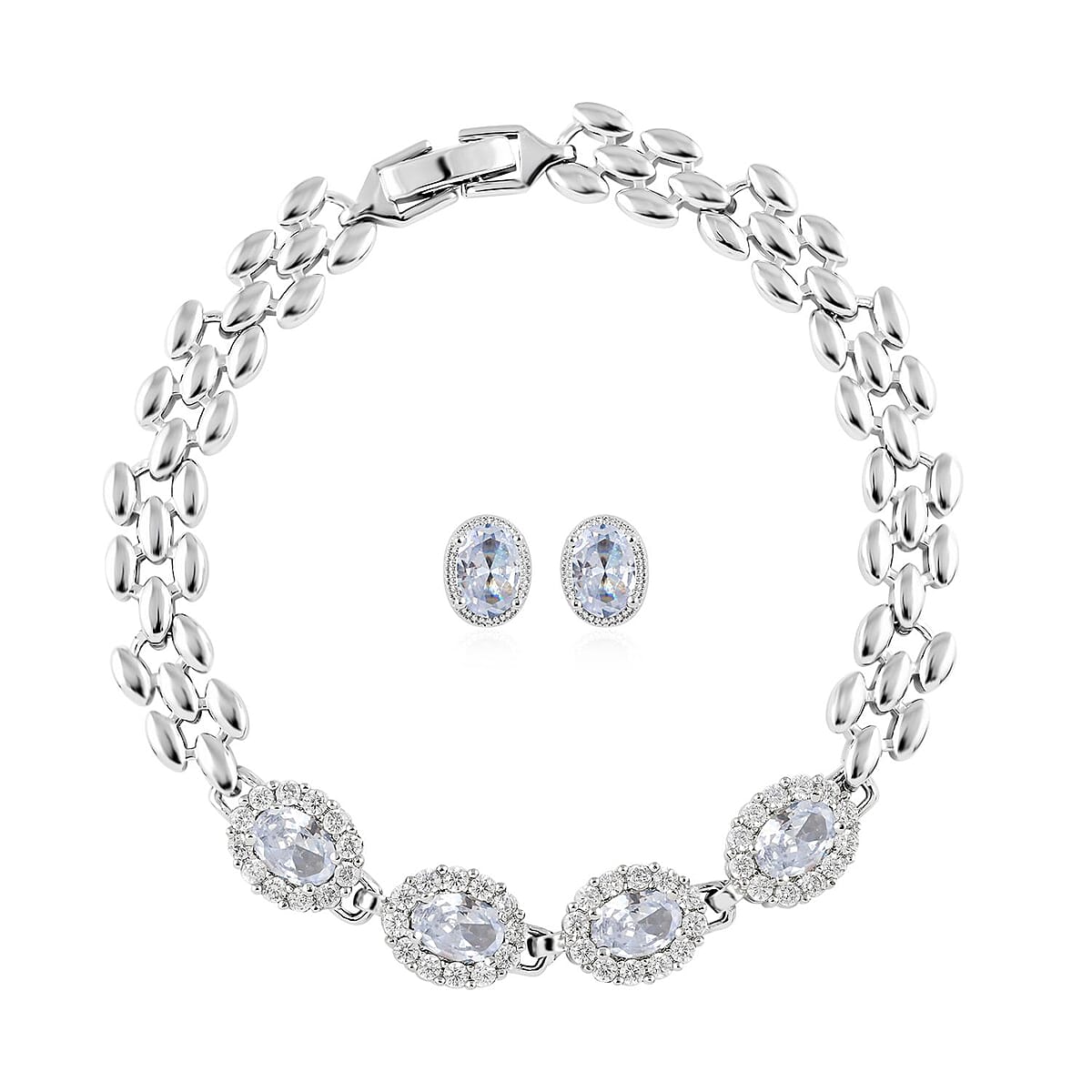 Ankur Treasure Chest Simulated Light Blue and White Diamond Bracelet (7.50In) and Earrings in Silvertone 4.15 ctw image number 0