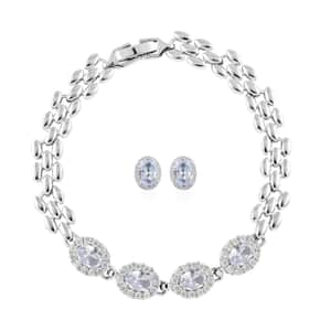 Ankur Treasure Chest Simulated Light Blue and White Diamond Bracelet (7.50In) and Earrings in Silvertone 4.15 ctw