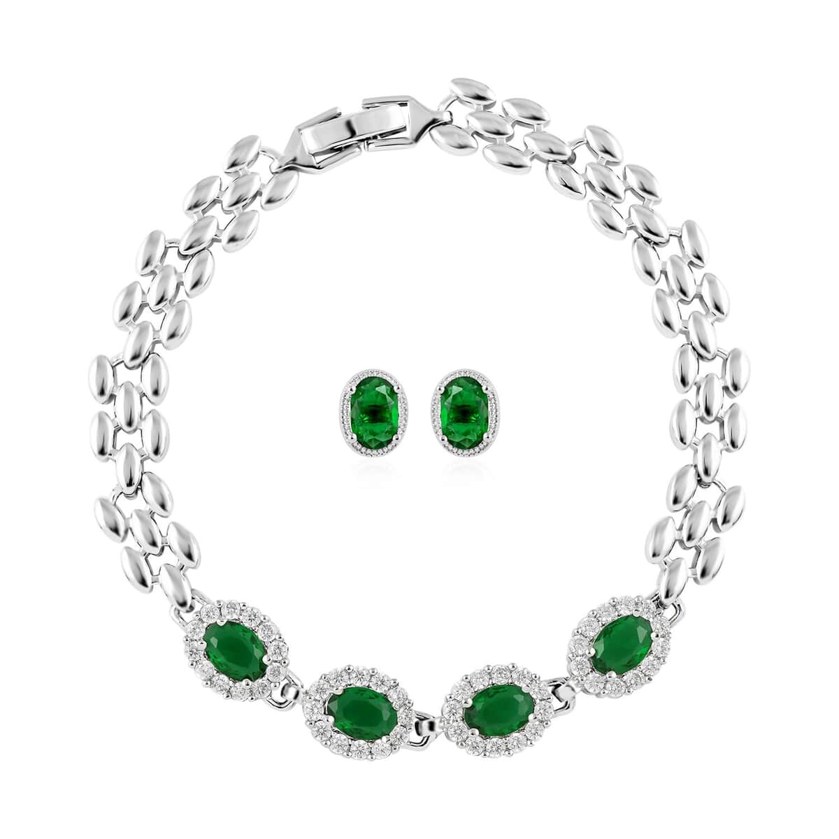 Ankur Treasure Chest Simulated Green and White Diamond Bracelet (7.50In) and Earrings in Silvertone 4.15 ctw image number 0