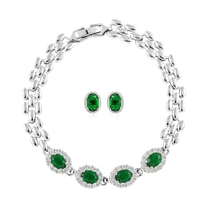 Ankur Treasure Chest Simulated Green and White Diamond Bracelet (7.50In) and Earrings in Silvertone 4.15 ctw