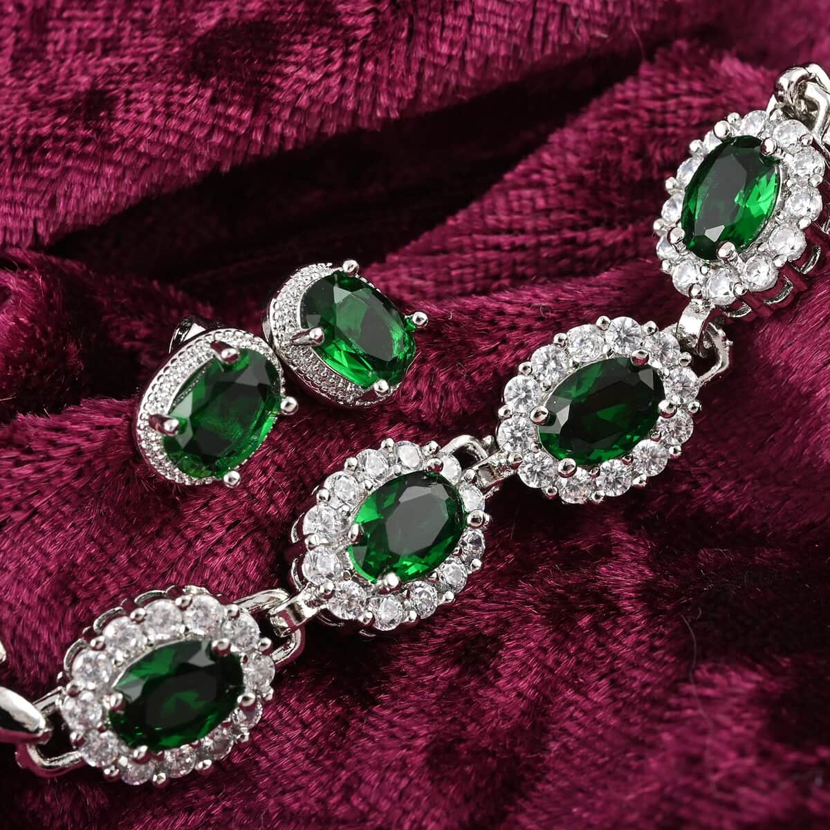 Ankur Treasure Chest Simulated Green and White Diamond Bracelet (7.50In) and Earrings in Silvertone 4.15 ctw image number 1