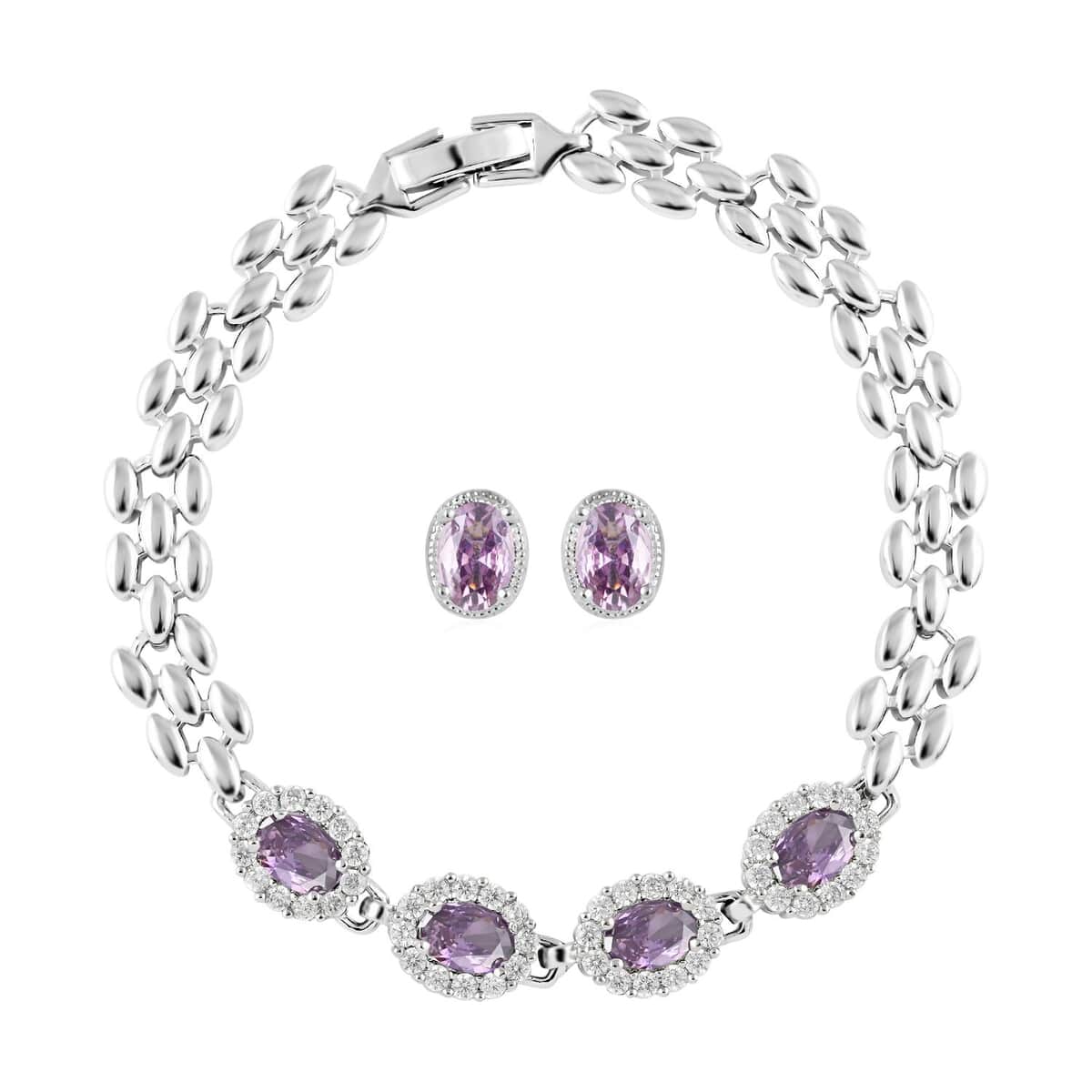 Ankur Treasure Chest Simulated Purple and White Diamond Bracelet (7.50In) and Earrings in Silvertone 4.15 ctw image number 0