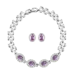 Ankur Treasure Chest Simulated Purple and White Diamond Bracelet (7.50In) and Earrings in Silvertone 4.15 ctw