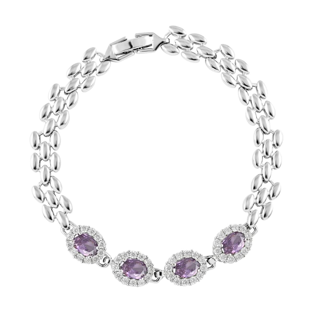 Ankur Treasure Chest Simulated Purple and White Diamond Bracelet (7.50In) and Earrings in Silvertone 4.15 ctw image number 2