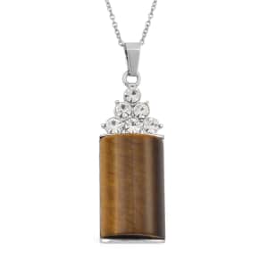 Yellow Tiger's Eye, Austrian Crystal Pendant Necklace (20 Inches) in Silvertone and Stainless Steel 40.00 ctw , Tarnish-Free, Waterproof, Sweat Proof Jewelry