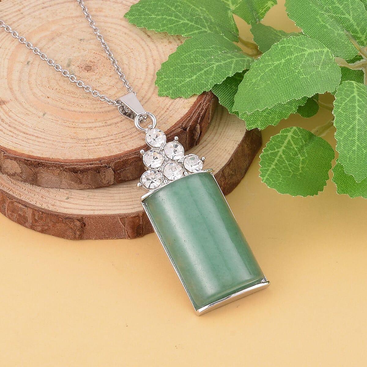 Green Aventurine, Austrian Crystal Pendant Necklace (20 Inches) in Silvertone and Stainless Steel 40.00 ctw , Tarnish-Free, Waterproof, Sweat Proof Jewelry image number 1