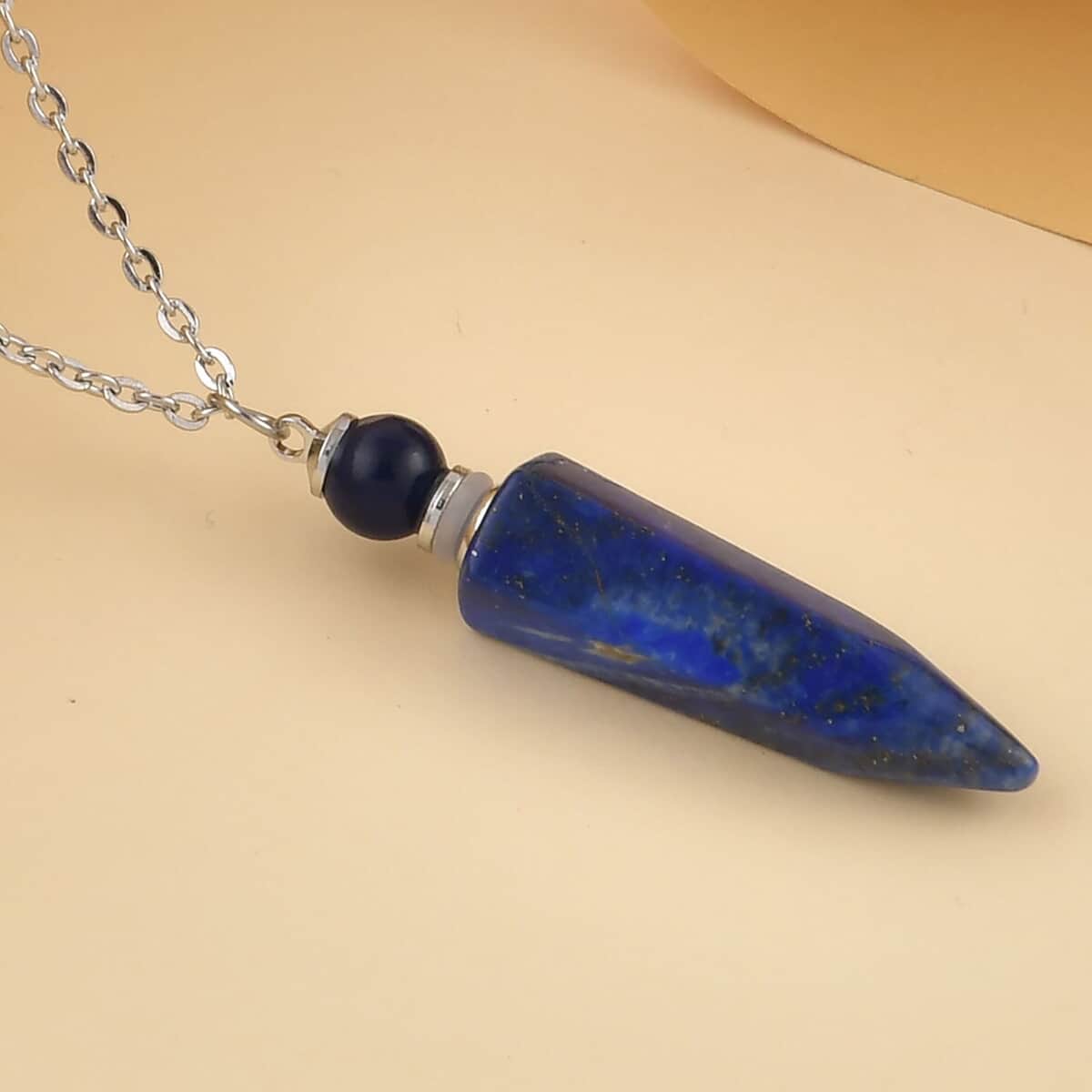 Lapis Lazuli Perfume Bottle Pendant Necklace 24 Inches in Silvertone 37.00 ctw image number 1