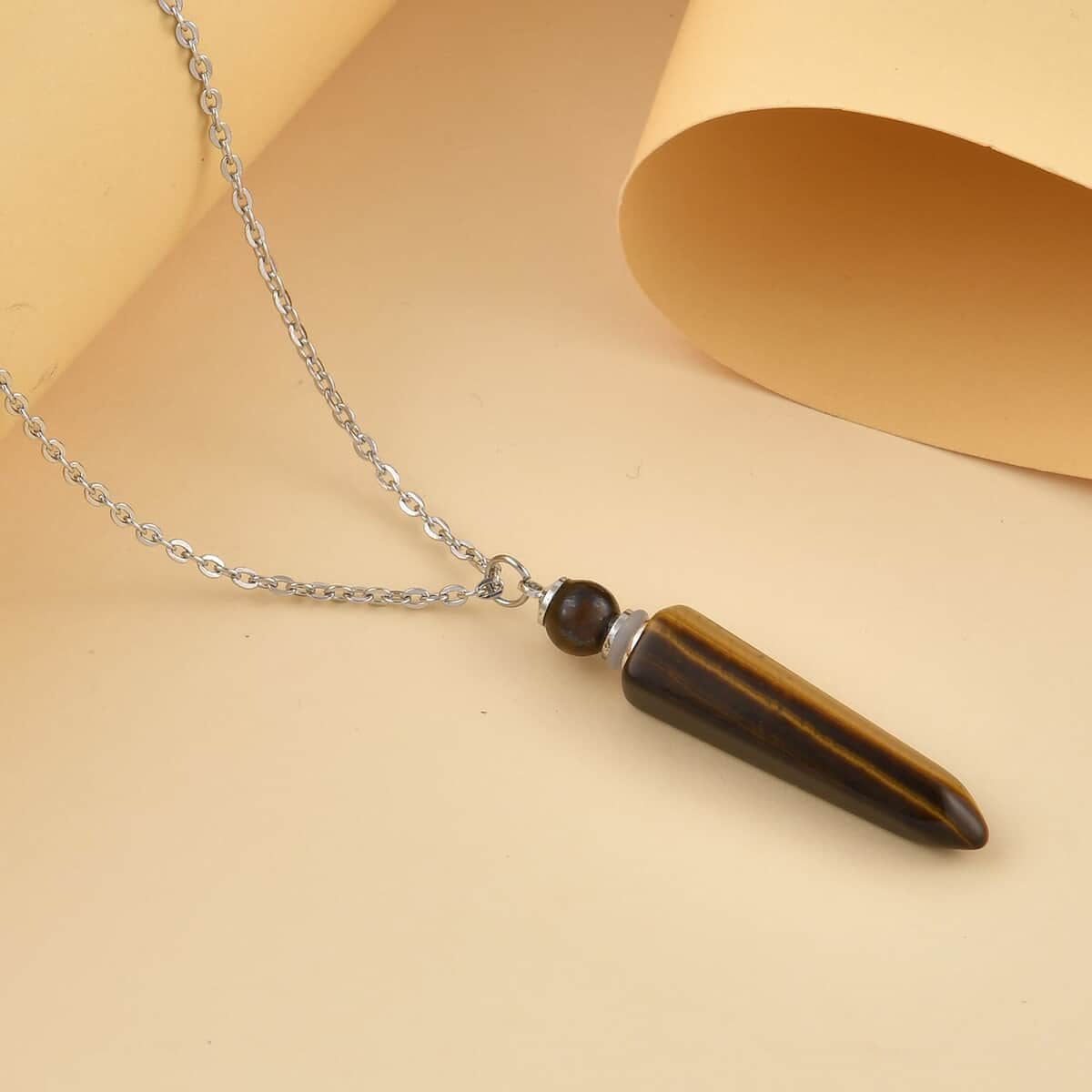 Yellow Tiger's Eye Perfume Bottle Pendant Necklace 24 Inches in Silvertone 37.00 ctw image number 1