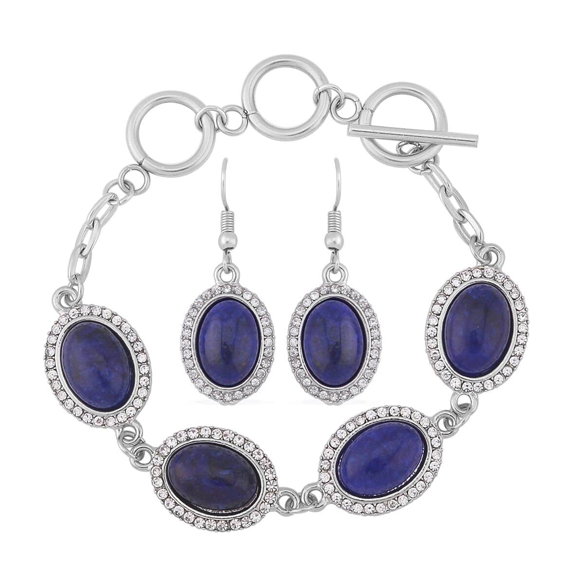 Lapis Lazuli and White Austrian Crystal 56.00 ctw Bracelet (6.50-8.0In) and Earrings in Silvertone image number 0