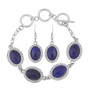 Lapis Lazuli and White Austrian Crystal Bracelet (6.50-8.0In) and Earrings in Silvertone 56.00 ctw