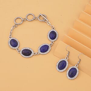Lapis Lazuli and White Austrian Crystal 56.00 ctw Bracelet (6.50-8.0In) and Earrings in Silvertone