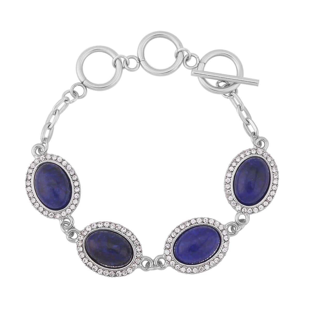Lapis Lazuli and White Austrian Crystal Bracelet 8.00 Inches and Earrings in Silvertone 56.00 ctw image number 2