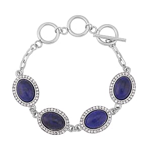 Lapis Lazuli and White Austrian Crystal 56.00 ctw Bracelet (6.50-8.0In) and Earrings in Silvertone