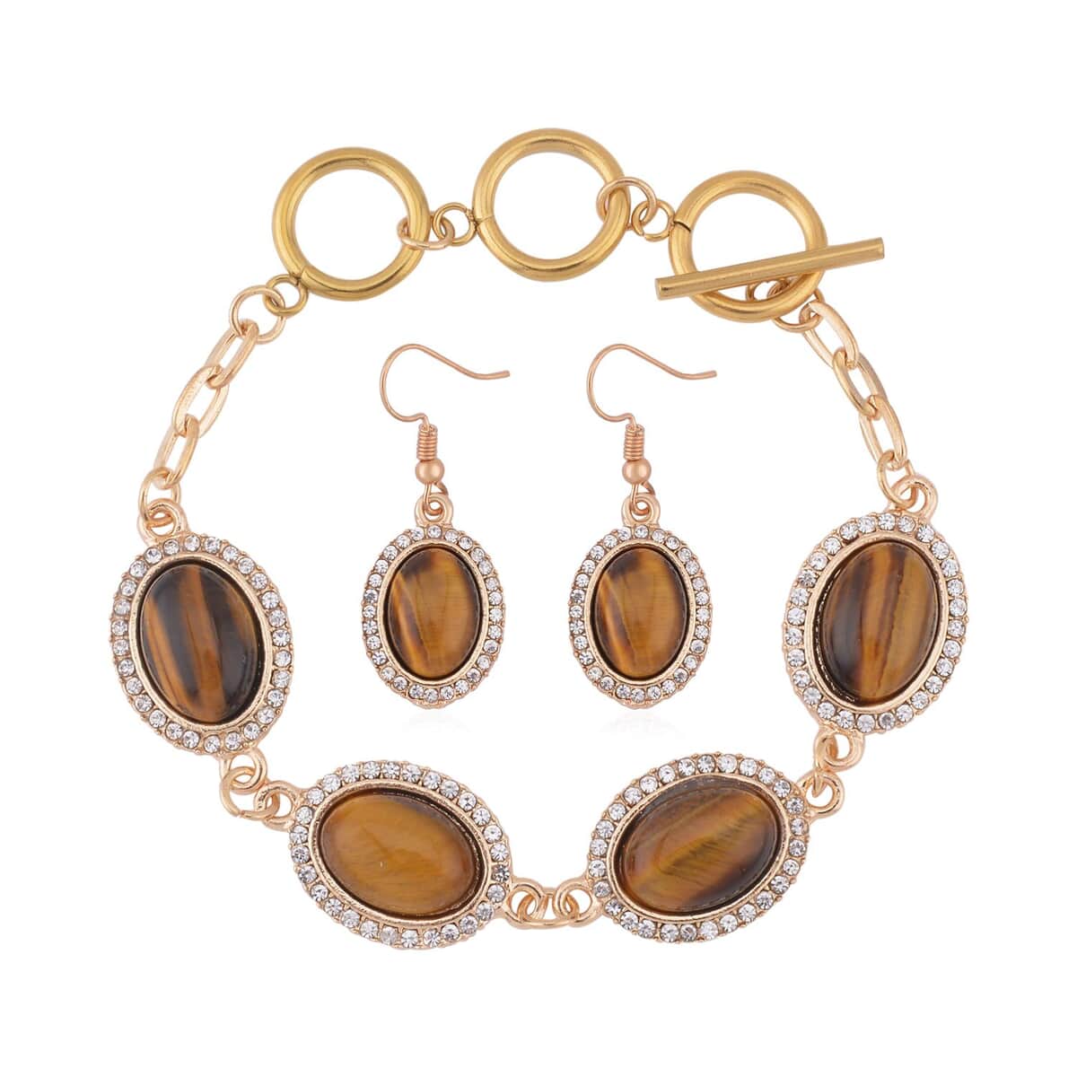 Yellow Tiger's Eye and White Austrian Crystal 56.00 ctw Bracelet (6.50-8.0In) and Earrings in Goldtone image number 0